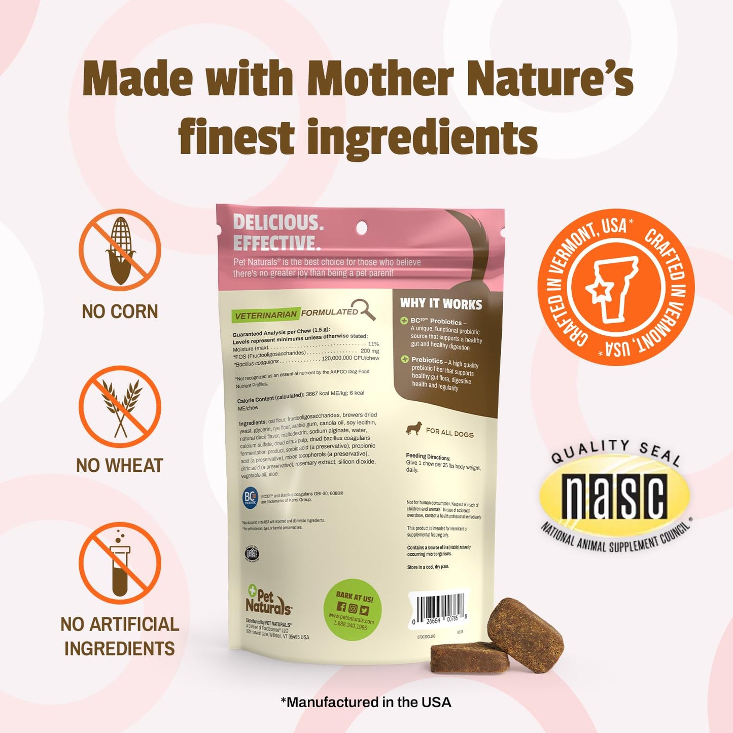 Pet Naturals Daily Probiotic for Dogs, 120M CFUs - Pre and Probiotics for Dogs Digestive Health, Gut Health, Immune Support, Diarrhea, Allergies and Itching - 60 Chews, Duck Flavor