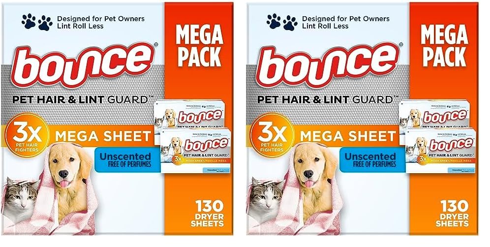 Bounce Pet Hair and Lint Guard Mega Dryer Sheets with 3X Pet Hair Fighters, Unscented, 130 Count