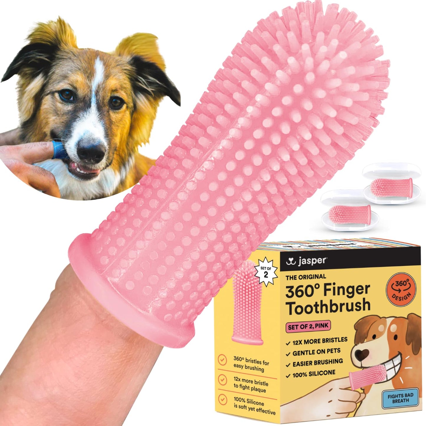 Jasper Dog Toothbrush, 360º Dog Tooth Brushing Kit, Cat Toothbrush, Dog Teeth Cleaning, Dog Finger Toothbrush, Dog Tooth Brush for Small & Large Pets, Dog Toothpaste Not Included, 2-Pack Blue