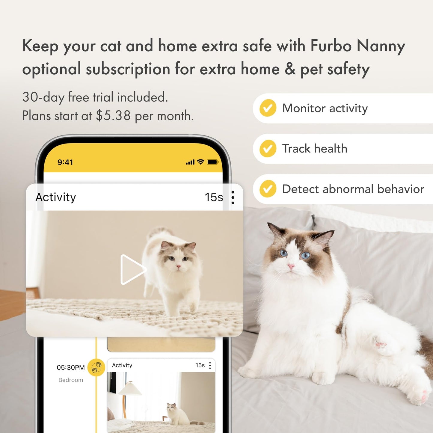 Furbo 360° Cat Camera + Nanny Bundle: Home Security & Cat Safety Alerts, Rotating Pet Treat Dispenser Camera with Speaker, Smart Home Indoor Cam w Phone App (Additional Subscription Required at Setup)