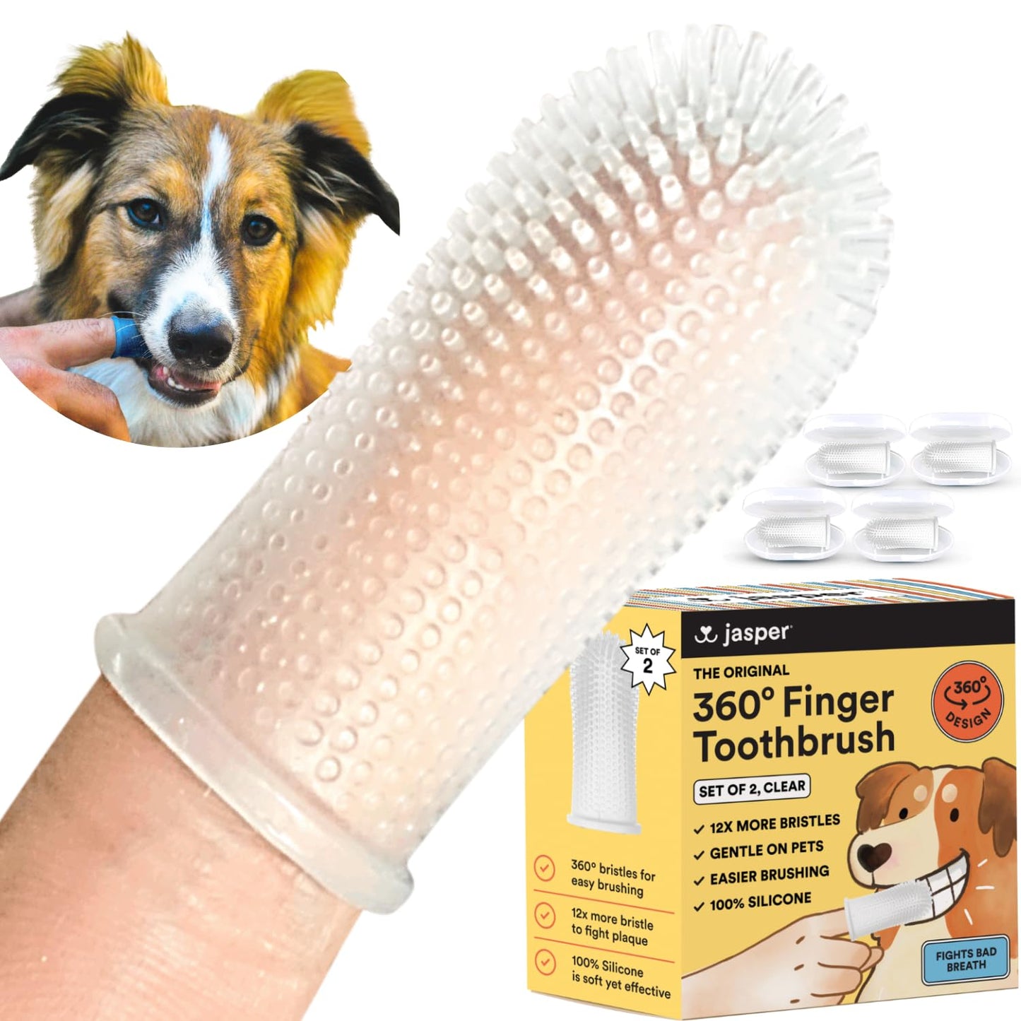 Jasper Dog Toothbrush, 360º Dog Tooth Brushing Kit, Cat Toothbrush, Dog Teeth Cleaning, Dog Finger Toothbrush, Dog Tooth Brush for Small & Large Pets, Dog Toothpaste Not Included, 2-Pack Blue