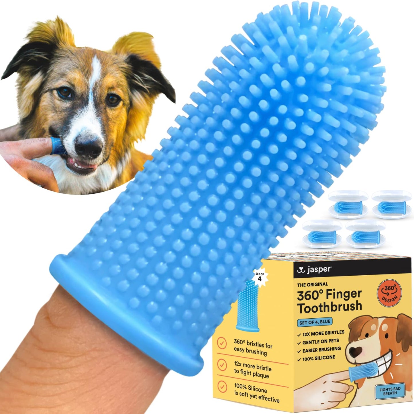 Jasper Dog Toothbrush, 360º Dog Tooth Brushing Kit, Cat Toothbrush, Dog Teeth Cleaning, Dog Finger Toothbrush, Dog Tooth Brush for Small & Large Pets, Dog Toothpaste Not Included, 2-Pack Blue