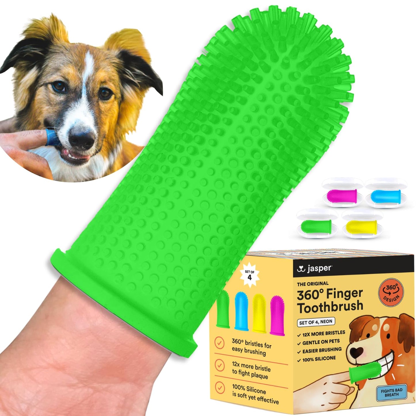 Jasper Dog Toothbrush, 360º Dog Tooth Brushing Kit, Cat Toothbrush, Dog Teeth Cleaning, Dog Finger Toothbrush, Dog Tooth Brush for Small & Large Pets, Dog Toothpaste Not Included, 2-Pack Blue