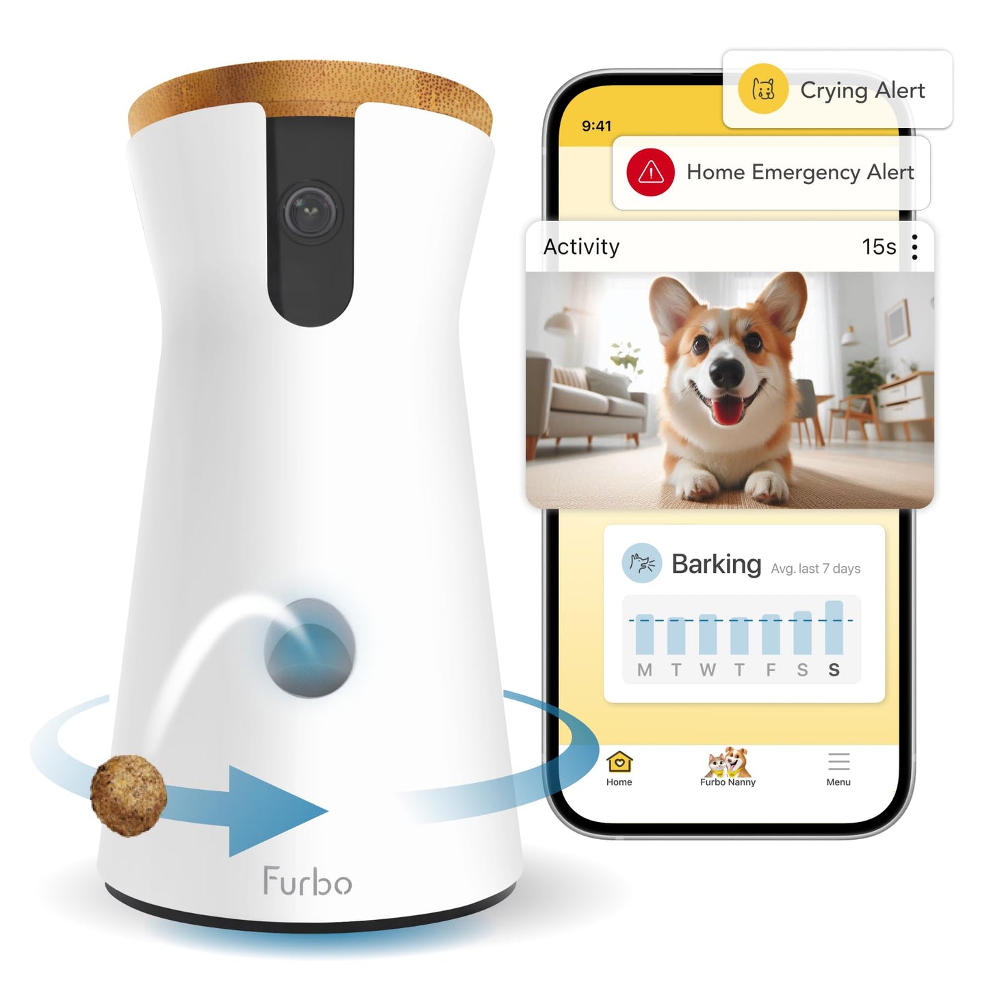 Furbo 360° Cat Camera + Nanny Bundle: Home Security & Cat Safety Alerts, Rotating Pet Treat Dispenser Camera with Speaker, Smart Home Indoor Cam w Phone App (Additional Subscription Required at Setup)