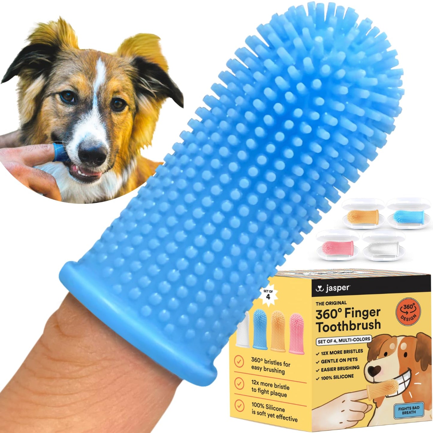Jasper Dog Toothbrush, 360º Dog Tooth Brushing Kit, Cat Toothbrush, Dog Teeth Cleaning, Dog Finger Toothbrush, Dog Tooth Brush for Small & Large Pets, Dog Toothpaste Not Included, 2-Pack Blue
