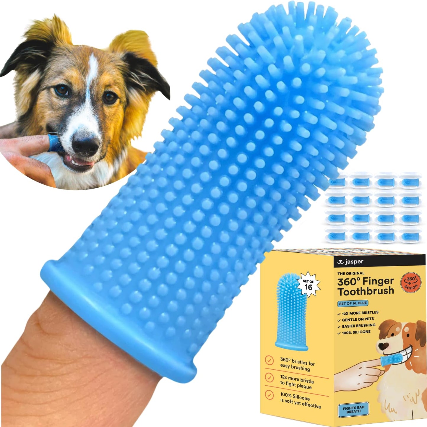Jasper Dog Toothbrush, 360º Dog Tooth Brushing Kit, Cat Toothbrush, Dog Teeth Cleaning, Dog Finger Toothbrush, Dog Tooth Brush for Small & Large Pets, Dog Toothpaste Not Included, 2-Pack Blue