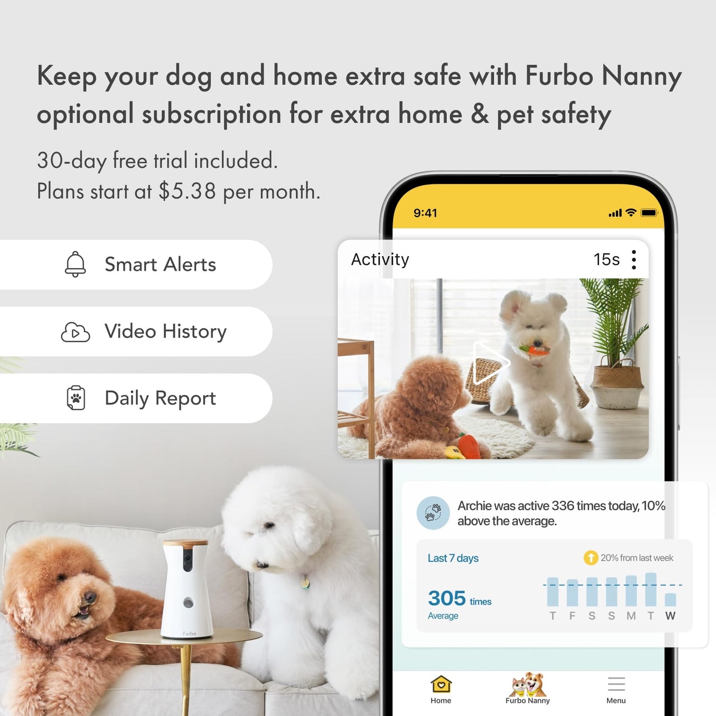 Furbo 360° Cat Camera + Nanny Bundle: Home Security & Cat Safety Alerts, Rotating Pet Treat Dispenser Camera with Speaker, Smart Home Indoor Cam w Phone App (Additional Subscription Required at Setup)