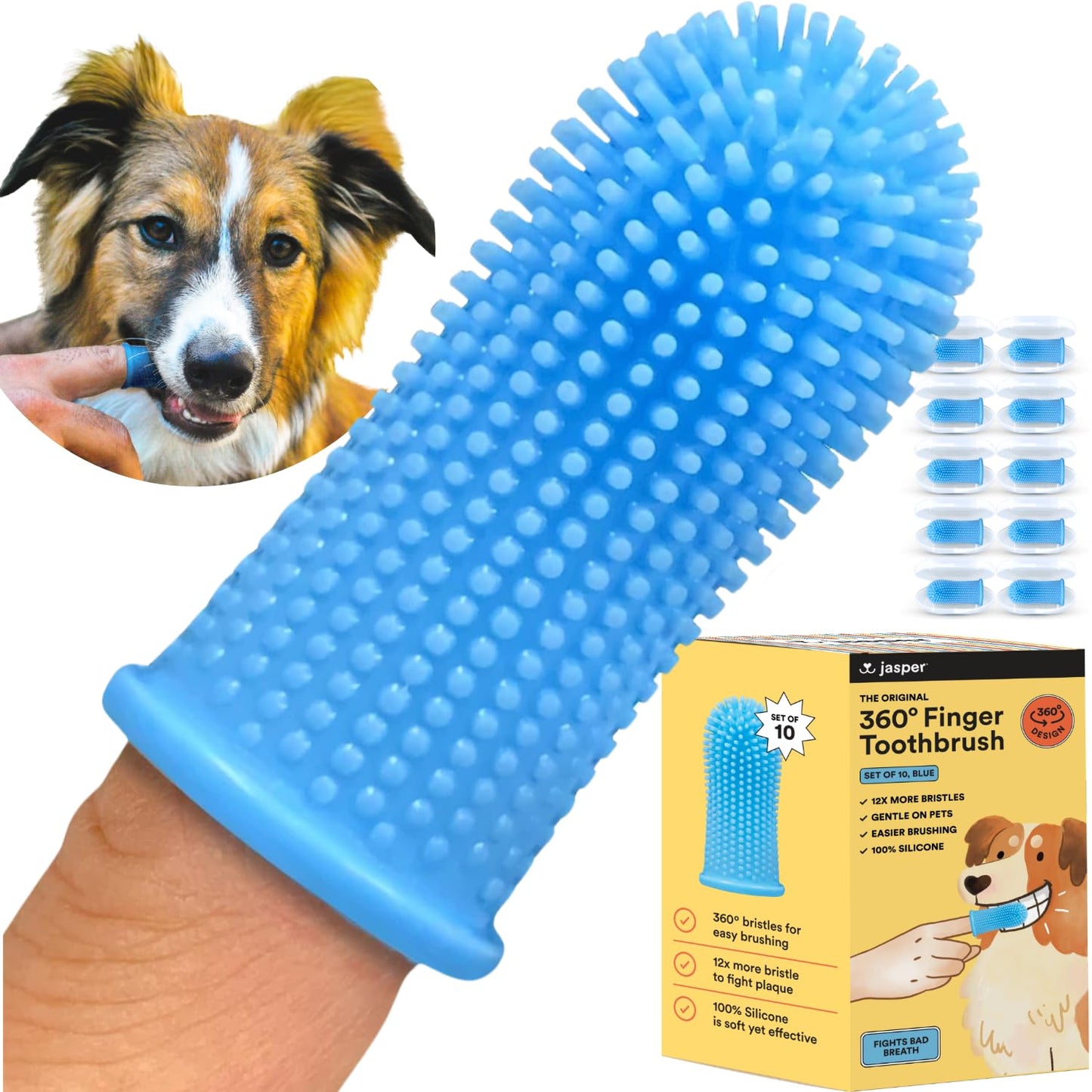 Jasper Dog Toothbrush, 360º Dog Tooth Brushing Kit, Cat Toothbrush, Dog Teeth Cleaning, Dog Finger Toothbrush, Dog Tooth Brush for Small & Large Pets, Dog Toothpaste Not Included, 2-Pack Blue