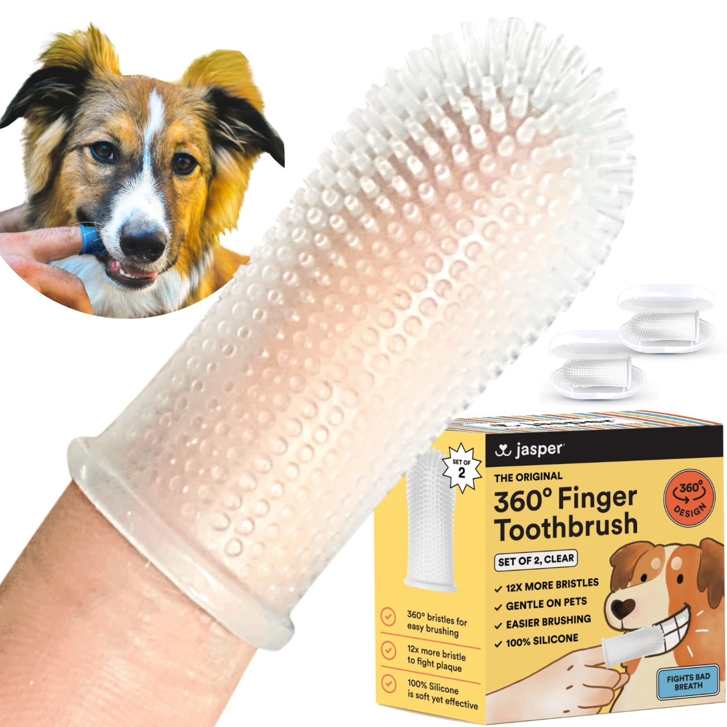 Jasper Dog Toothbrush, 360º Dog Tooth Brushing Kit, Cat Toothbrush, Dog Teeth Cleaning, Dog Finger Toothbrush, Dog Tooth Brush for Small & Large Pets, Dog Toothpaste Not Included, 2-Pack Blue