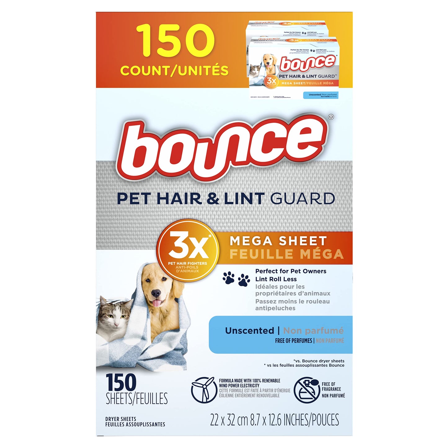 Bounce Pet Hair and Lint Guard Mega Dryer Sheets with 3X Pet Hair Fighters, Unscented, 130 Count