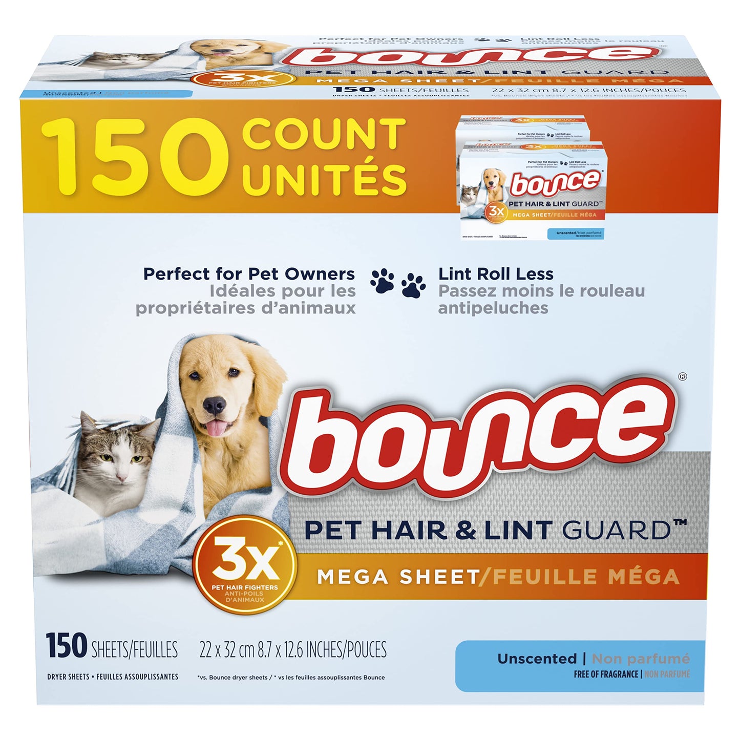 Bounce Pet Hair and Lint Guard Mega Dryer Sheets with 3X Pet Hair Fighters, Unscented, 130 Count