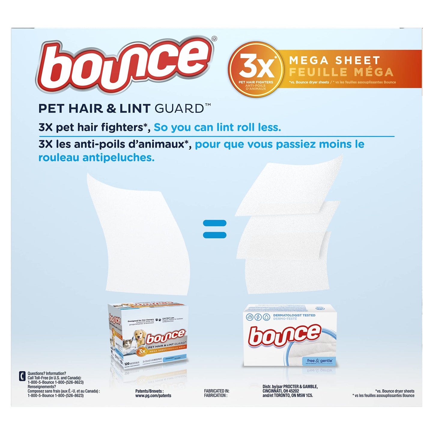 Bounce Pet Hair and Lint Guard Mega Dryer Sheets with 3X Pet Hair Fighters, Unscented, 130 Count